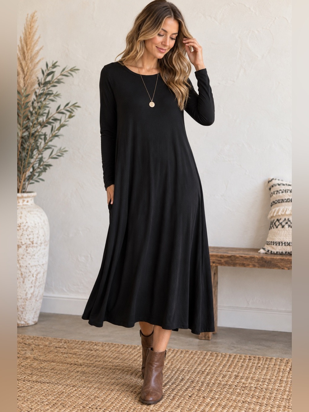 Natural Life Black Long Sleeve Flowy A-Line Midi Dress Boho Size M Minimalist